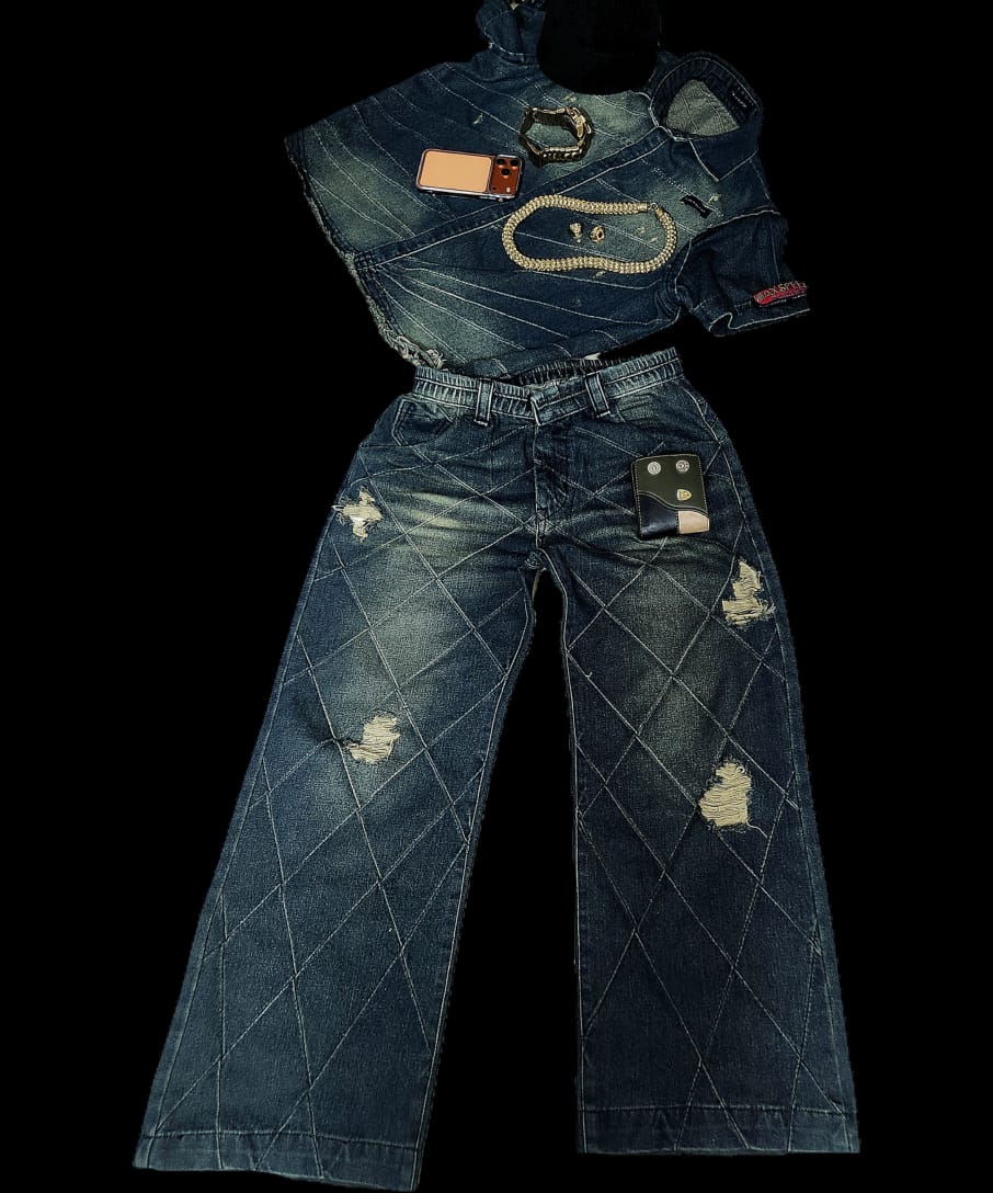 Diamond distressed wide-leg denim set