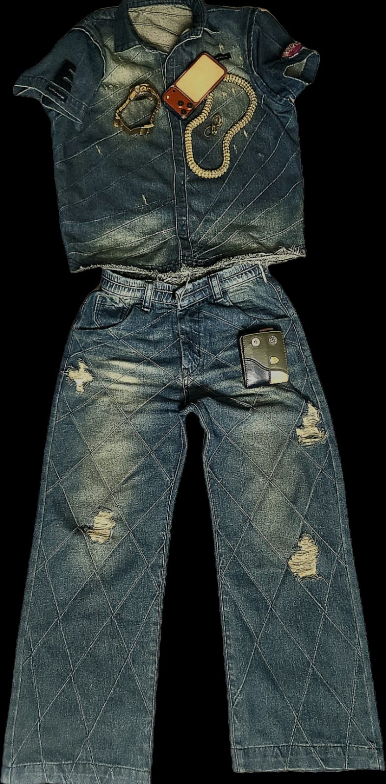 Vintage dark distressed jeans with yellow stitching