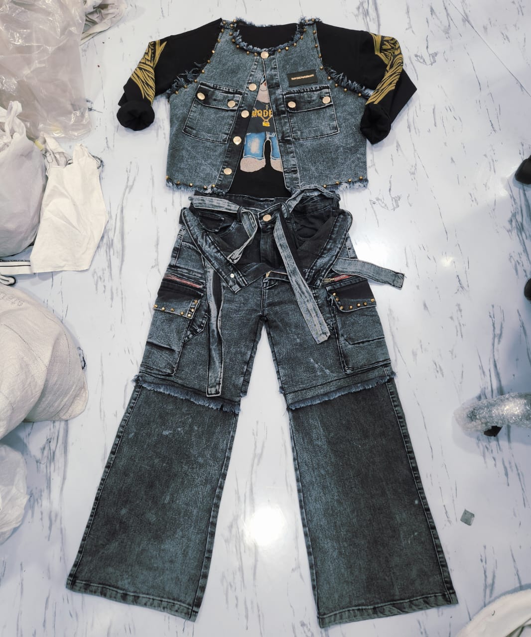 Acid wash cargo set with studded vest